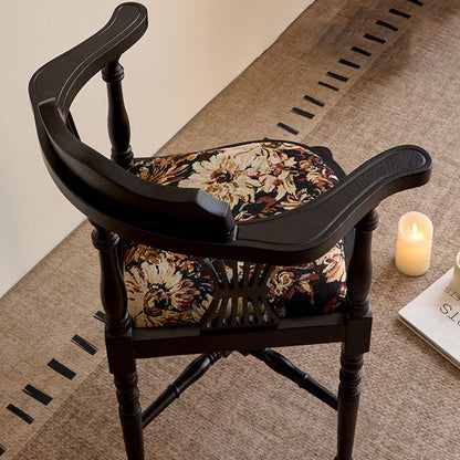Traditional Chinese Curved Solid Wood Cotton-Linen Dining Chair Backrest Armrest For Dining Room & Kitchen