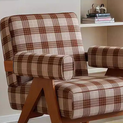 Traditional Vintage Rectangular Jacquard Fabric Ash Wood Accent Chair Backrest Armrest For Living Room