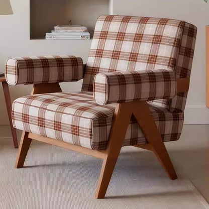 Traditional Vintage Rectangular Jacquard Fabric Ash Wood Accent Chair Backrest Armrest For Living Room