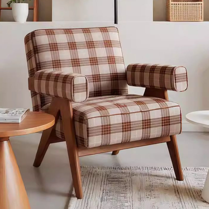 Traditional Vintage Rectangular Jacquard Fabric Ash Wood Accent Chair Backrest Armrest For Living Room