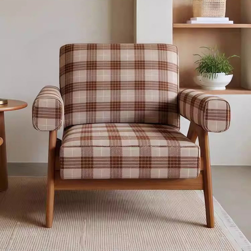 Traditional Vintage Rectangular Jacquard Fabric Ash Wood Accent Chair Backrest Armrest For Living Room