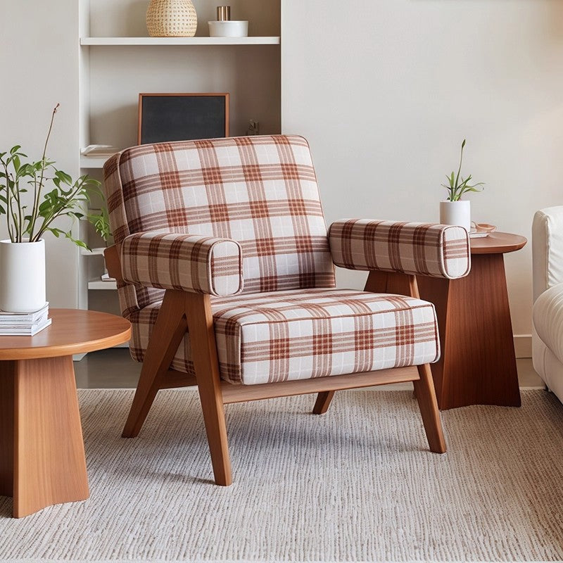 Traditional Vintage Rectangular Jacquard Fabric Ash Wood Accent Chair Backrest Armrest For Living Room