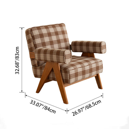 Traditional Vintage Rectangular Jacquard Fabric Ash Wood Accent Chair Backrest Armrest For Living Room