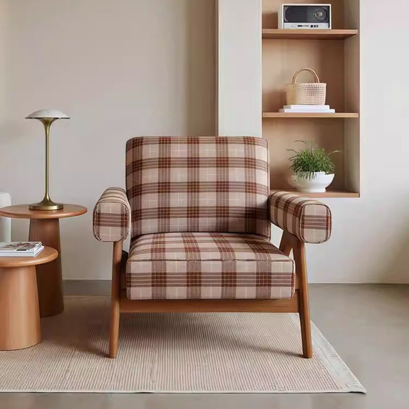 Traditional Vintage Rectangular Jacquard Fabric Ash Wood Accent Chair Backrest Armrest For Living Room