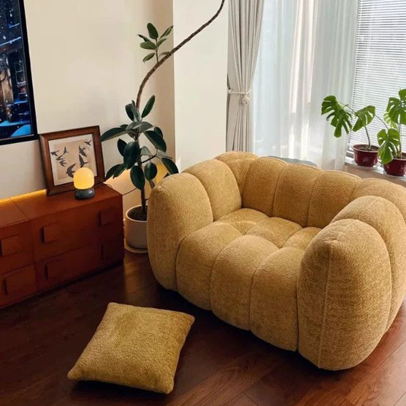 Traditional French Pumpkin-Shaped Alpaca Velvet Solid Wood Accent Chair Backrest Armrest For Living Room