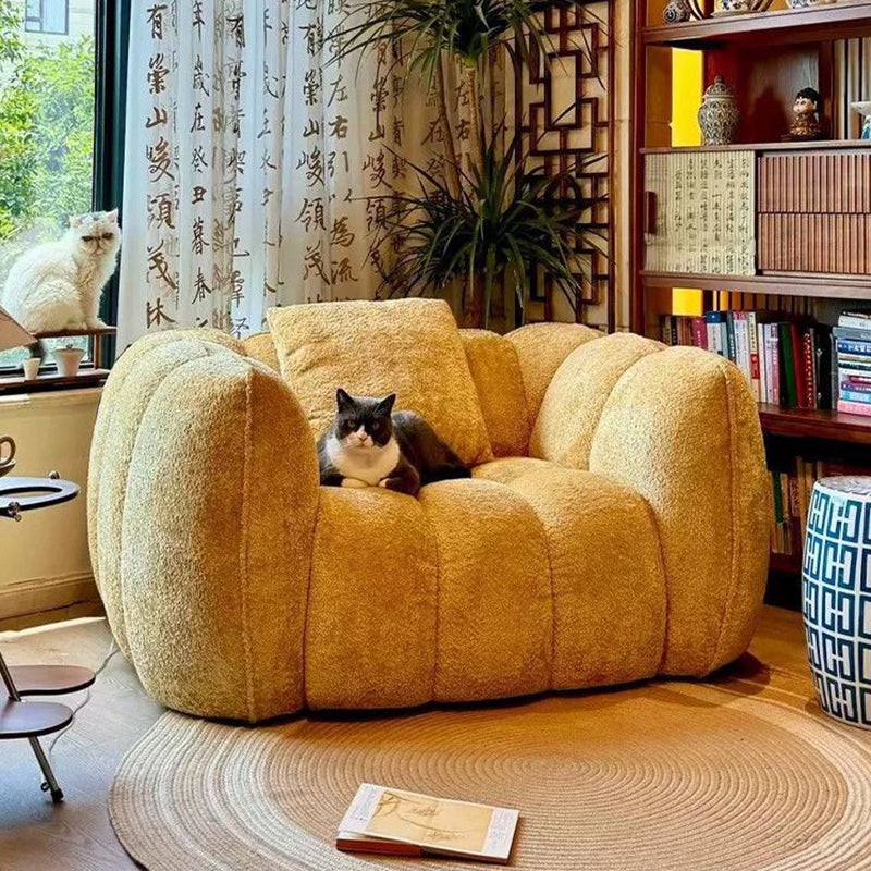 Traditional French Pumpkin-Shaped Alpaca Velvet Solid Wood Accent Chair Backrest Armrest For Living Room