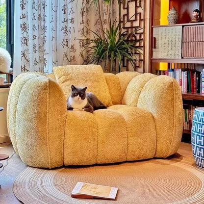 Traditional French Pumpkin-Shaped Alpaca Velvet Solid Wood Accent Chair Backrest Armrest For Living Room
