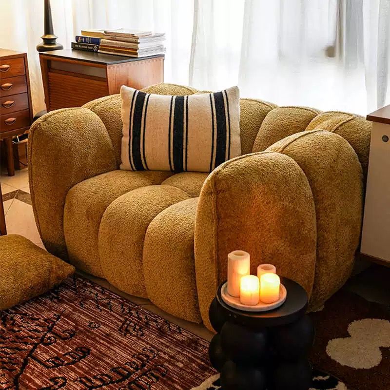 Traditional French Pumpkin-Shaped Alpaca Velvet Solid Wood Accent Chair Backrest Armrest For Living Room