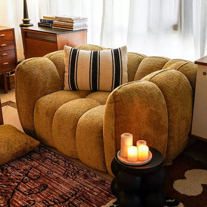 Traditional French Pumpkin-Shaped Alpaca Velvet Solid Wood Accent Chair Backrest Armrest For Living Room