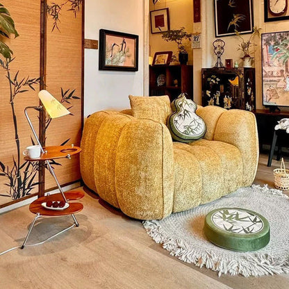 Traditional French Pumpkin-Shaped Alpaca Velvet Solid Wood Accent Chair Backrest Armrest For Living Room