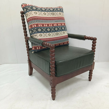 Traditional French Rectangular Velvet Oiled Leather Solid Wood Accent Chair Backrest Armrest For Living Room