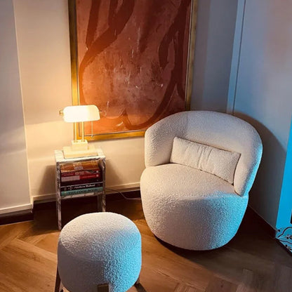 Contemporary Nordic Curved Sherpa Fabric Velvet Cotton-Linen Solid Wood Accent Chair Backrest Armless For Living Room