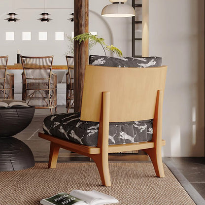 Traditional Japanese Rectangular Jacquard Fabric Ash Wood Accent Chair Backrest Armless For Living Room