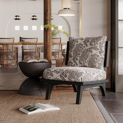 Traditional Japanese Rectangular Jacquard Fabric Ash Wood Accent Chair Backrest Armless For Living Room