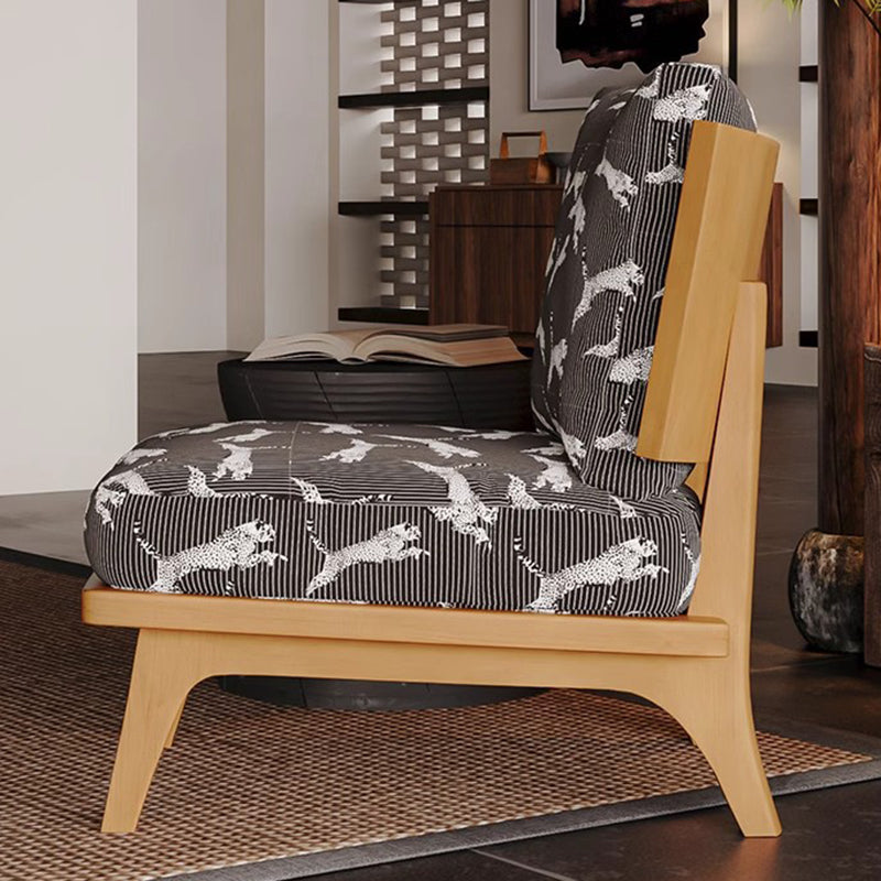 Traditional Japanese Rectangular Jacquard Fabric Ash Wood Accent Chair Backrest Armless For Living Room