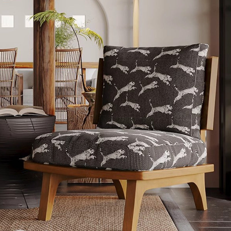 Traditional Japanese Rectangular Jacquard Fabric Ash Wood Accent Chair Backrest Armless For Living Room
