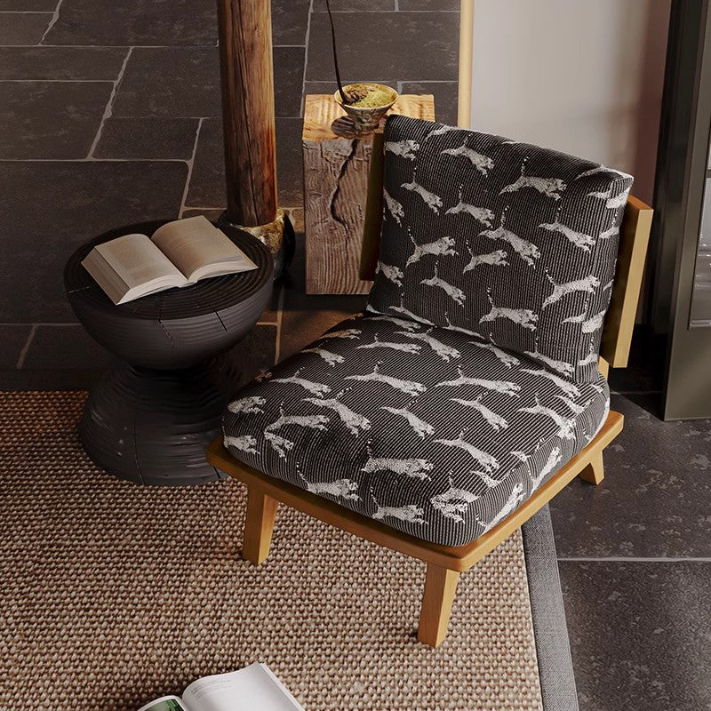 Traditional Japanese Rectangular Jacquard Fabric Ash Wood Accent Chair Backrest Armless For Living Room