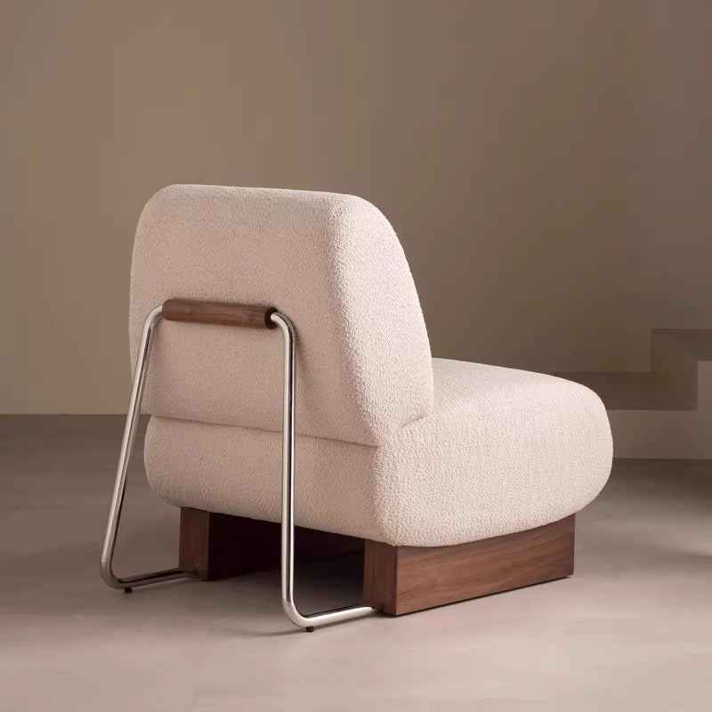 Contemporary Nordic Rectangular Linen-Cotton Loop Velvet Ash Wood Stainless Steel Accent Chair Backrest Armless For Living Room