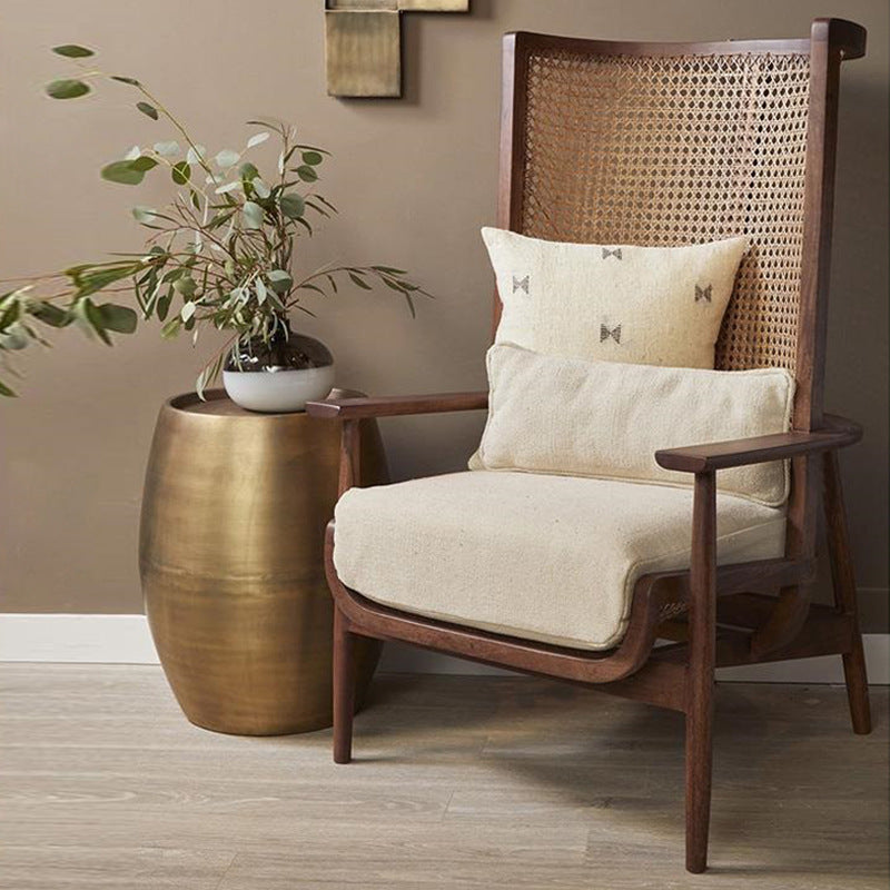 Contemporary Boho Rectangular Curved Rattan Solid Wood Fabric Accent Chair Backrest Armrest For Living Room