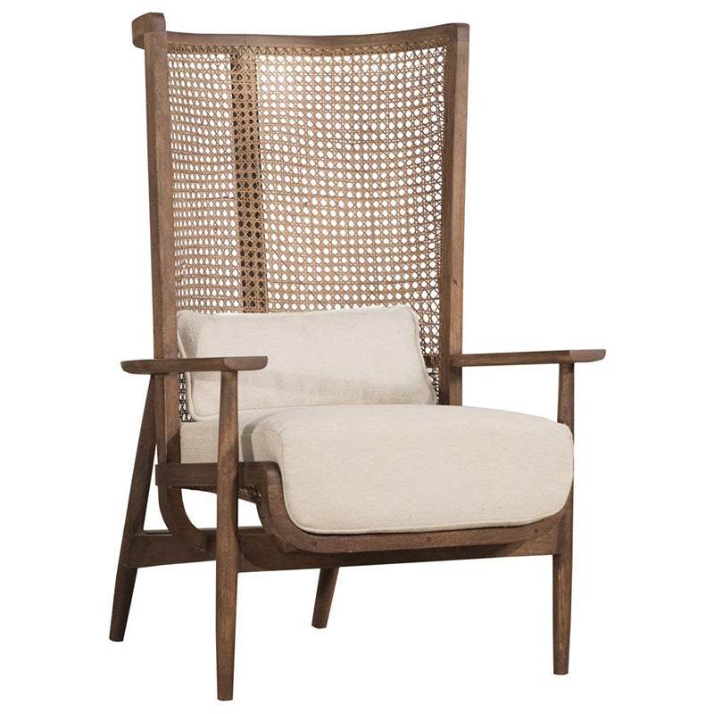 Contemporary Boho Rectangular Curved Rattan Solid Wood Fabric Accent Chair Backrest Armrest For Living Room
