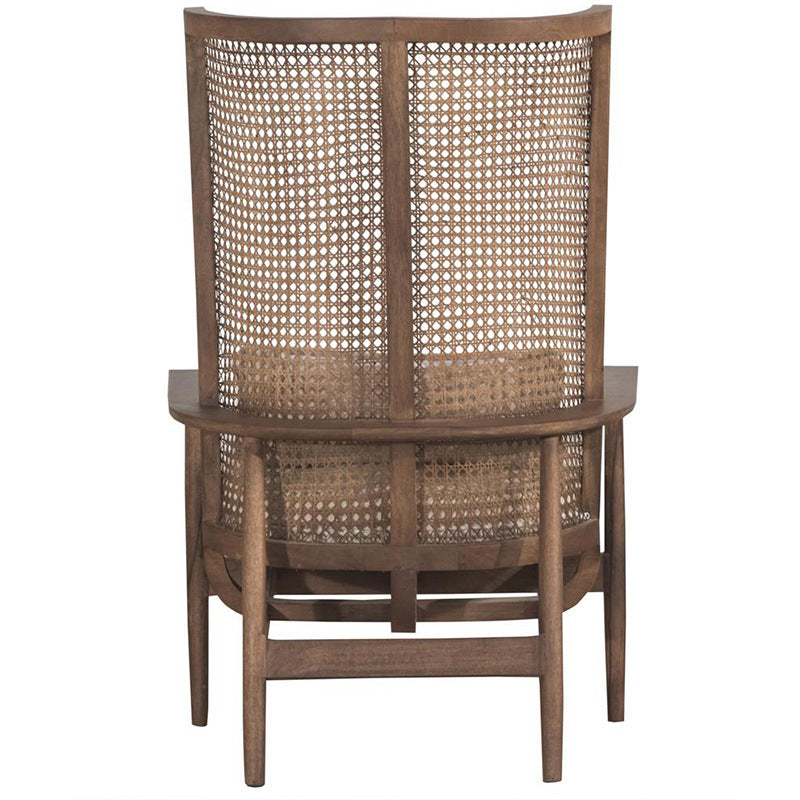 Contemporary Boho Rectangular Curved Rattan Solid Wood Fabric Accent Chair Backrest Armrest For Living Room