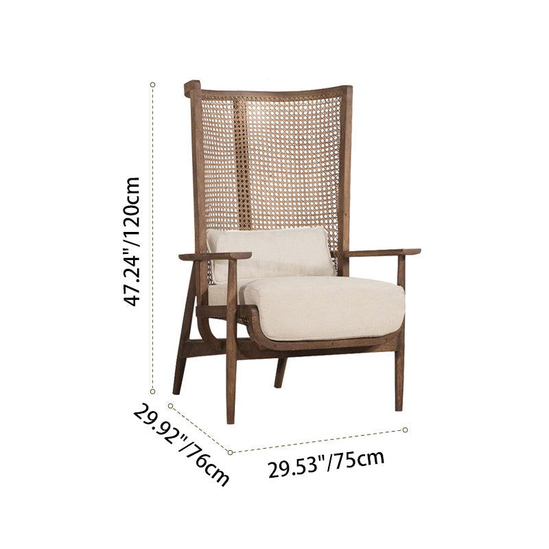 Contemporary Boho Rectangular Curved Rattan Solid Wood Fabric Accent Chair Backrest Armrest For Living Room