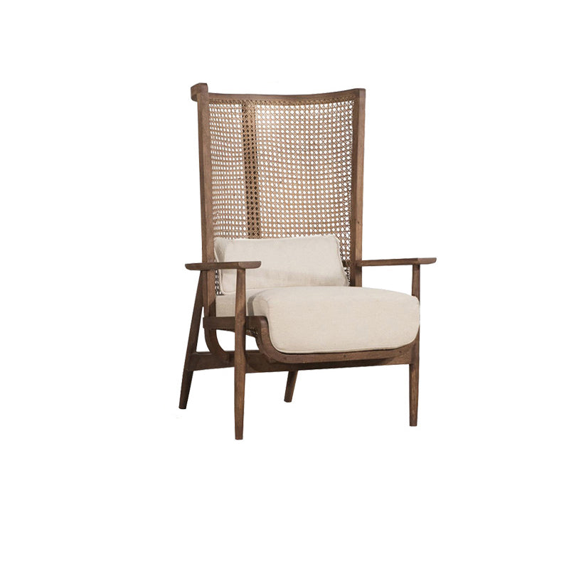 Contemporary Boho Rectangular Curved Rattan Solid Wood Fabric Accent Chair Backrest Armrest For Living Room