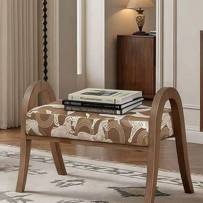 Traditional French Arch Rectangular Curved Ash Wood Jacquard Fabric Low Stool Backless Armless For Living Room