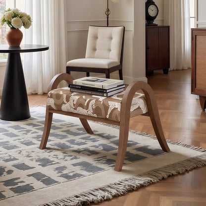 Traditional French Arch Rectangular Curved Ash Wood Jacquard Fabric Low Stool Backless Armless For Living Room