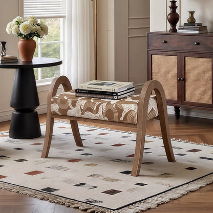 Traditional French Arch Rectangular Curved Ash Wood Jacquard Fabric Low Stool Backless Armless For Living Room