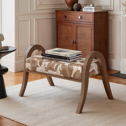 Traditional French Arch Rectangular Curved Ash Wood Jacquard Fabric Low Stool Backless Armless For Living Room