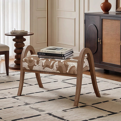 Traditional French Arch Rectangular Curved Ash Wood Jacquard Fabric Low Stool Backless Armless For Living Room