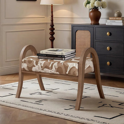 Traditional French Arch Rectangular Curved Ash Wood Jacquard Fabric Low Stool Backless Armless For Living Room