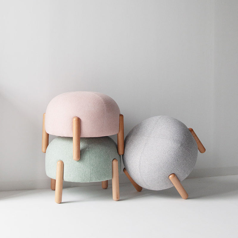Contemporary Nordic Round Cotton-Linen Solid Wood Low Stool Backless Armless For Living Room