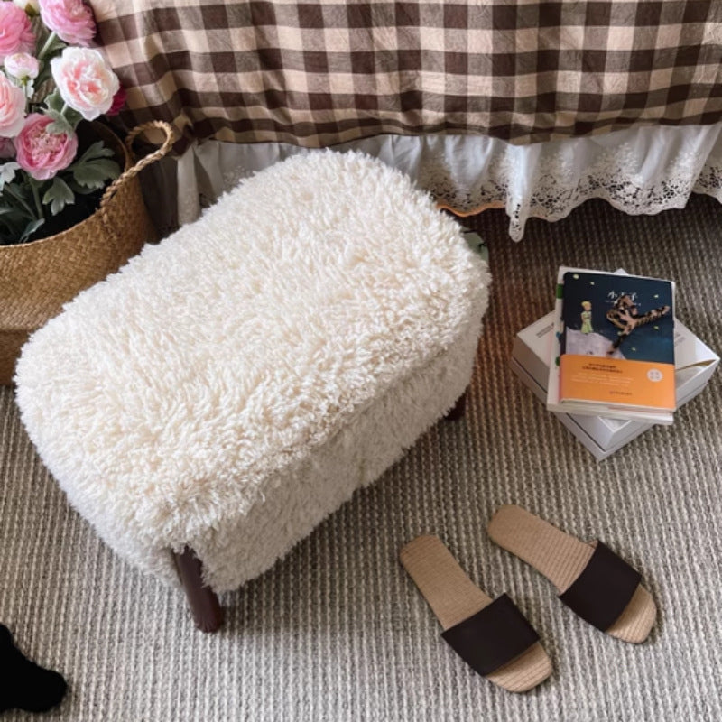 Contemporary Nordic Rectangular Sherpa Fabric Solid Wood Low Stool Backless Armless For Living Room