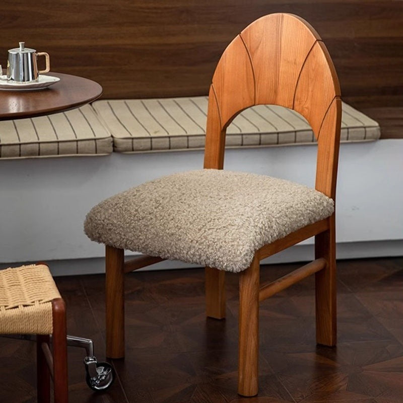 Traditional French Curved Solid Wood Sherpa Fabric Velvet Dining Chair Backrest Armless For Dining Room & Kitchen