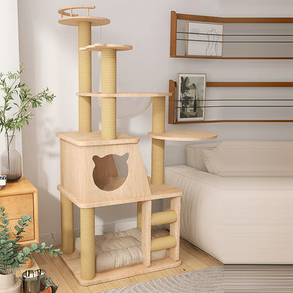 Contemporary Creative Cylindrical Trapezoid Solid Wood Hemp Rope Cat Tree For Living Room