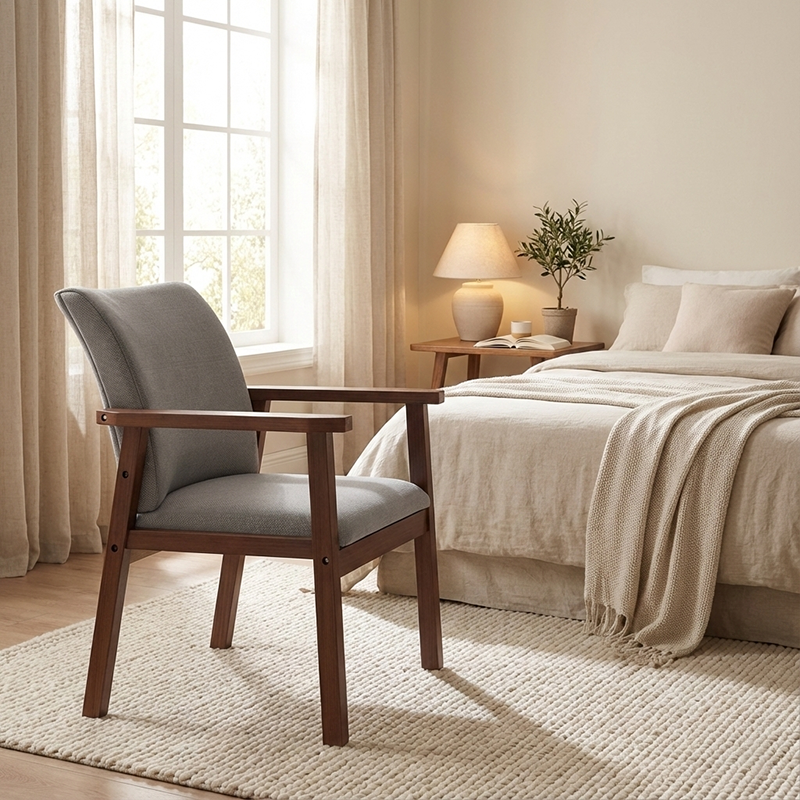 Modern Minimalist Rectangular Fabric Rubberwood Accent Chair Backrest Armrest For Living Room