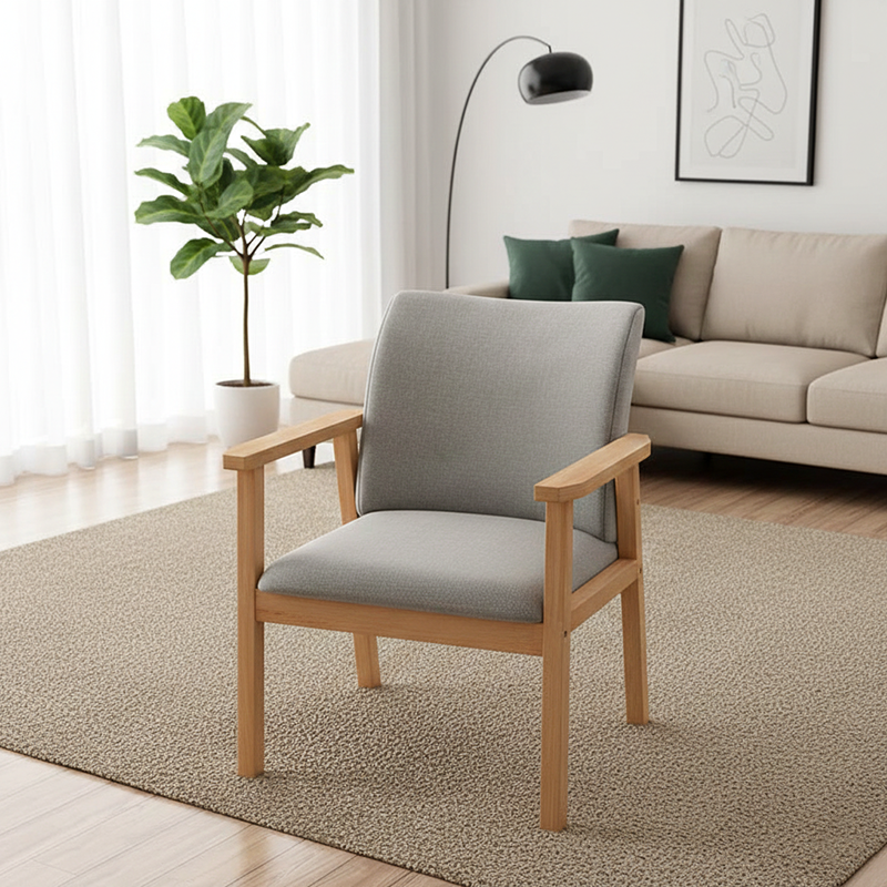 Modern Minimalist Rectangular Fabric Rubberwood Accent Chair Backrest Armrest For Living Room