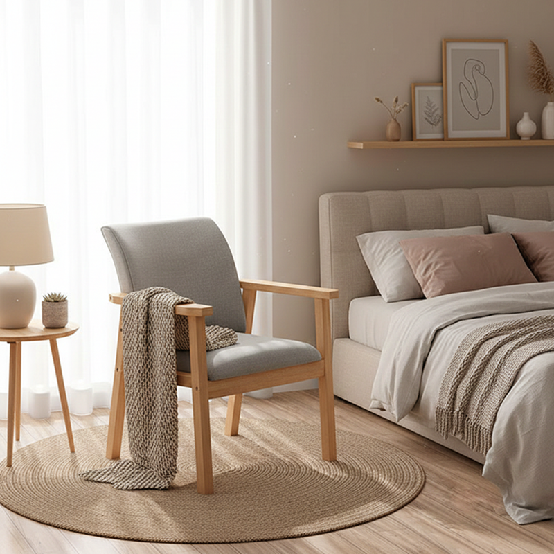 Modern Minimalist Rectangular Fabric Rubberwood Accent Chair Backrest Armrest For Living Room