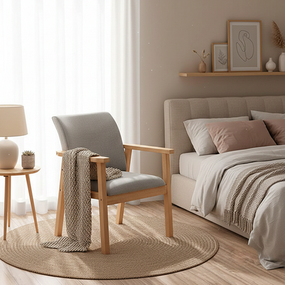 Modern Minimalist Rectangular Fabric Rubberwood Accent Chair Backrest Armrest For Living Room