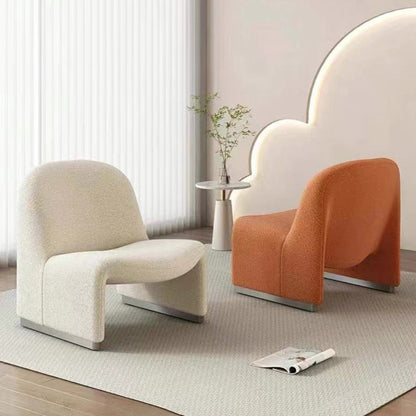 Contemporary Nordic Curved Rectangular Sherpa Fabric Cotton Linen Solid Wood Accent Chair Backrest Armless For Living Room