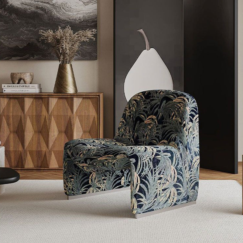 Contemporary Nordic Curved Rectangular Sherpa Fabric Cotton Linen Solid Wood Accent Chair Backrest Armless For Living Room