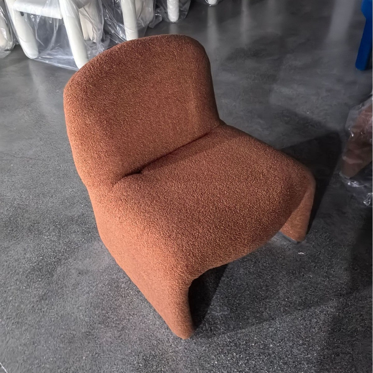 Contemporary Nordic Curved Rectangular Sherpa Fabric Cotton Linen Solid Wood Accent Chair Backrest Armless For Living Room