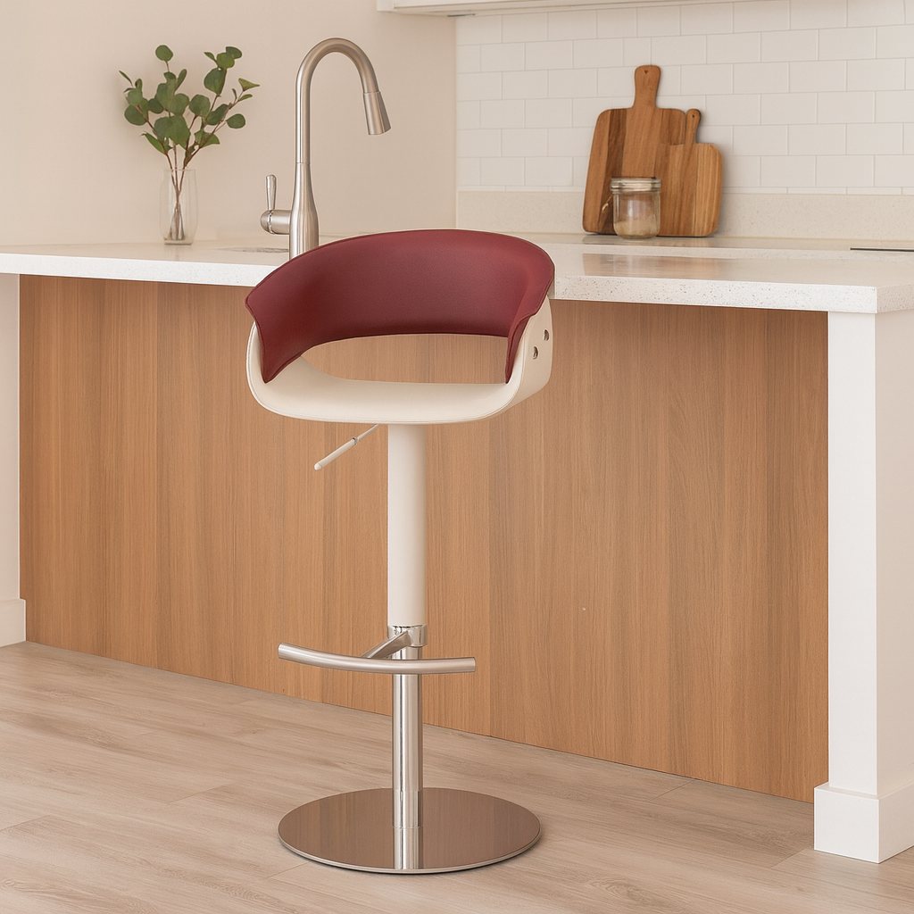 Modern Minimalist Curved Stainless Steel Faux Saddle Leather Bar Stool Backless Armless For Dining Room & Kitchen