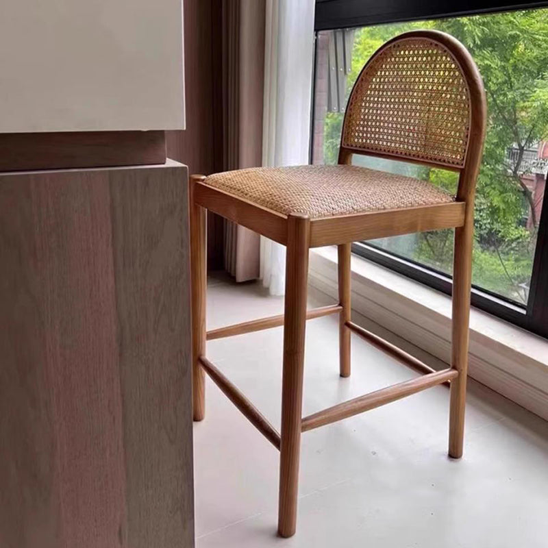 Traditional French Arched Rubberwood Rattan Bar Stool Backrest Armless For Dining Room & Kitchen