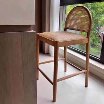 Traditional French Arched Rubberwood Rattan Bar Stool Backrest Armless For Dining Room & Kitchen
