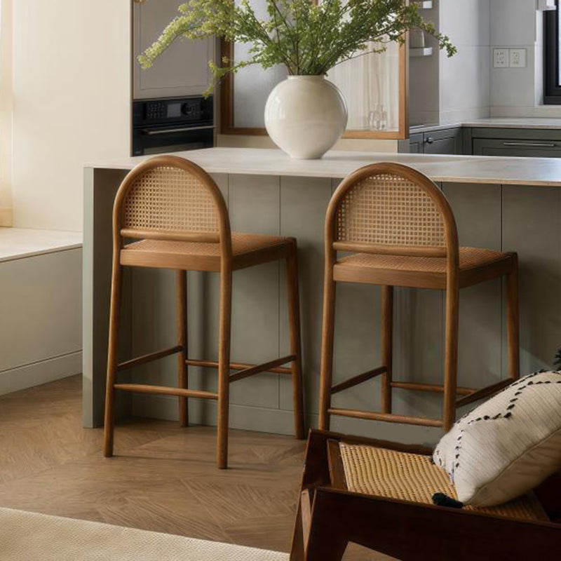 Traditional French Arched Rubberwood Rattan Bar Stool Backrest Armless For Dining Room & Kitchen