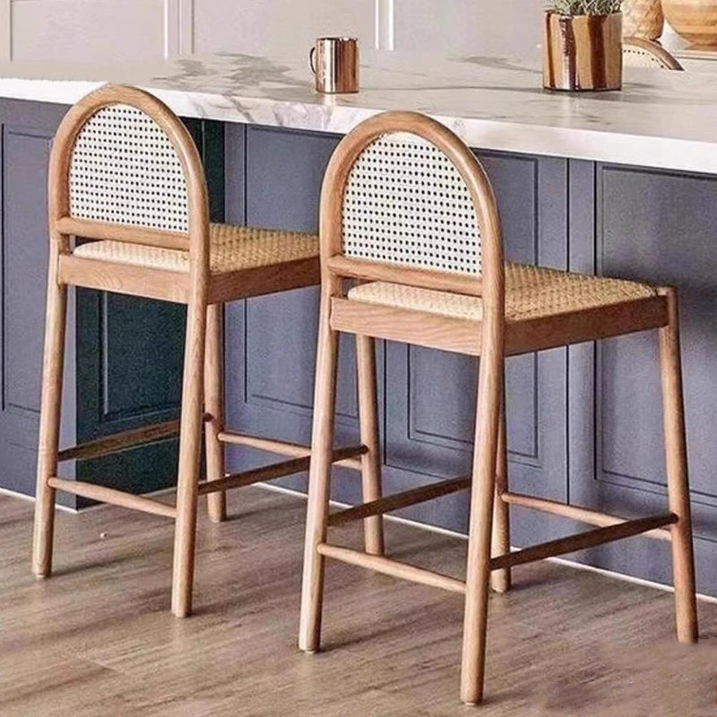 Traditional French Arched Rubberwood Rattan Bar Stool Backrest Armless For Dining Room & Kitchen