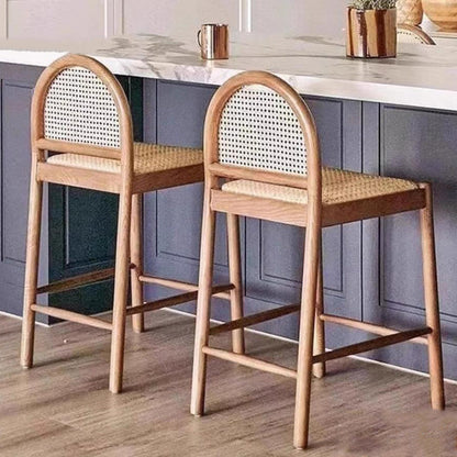 Traditional French Arched Rubberwood Rattan Bar Stool Backrest Armless For Dining Room & Kitchen